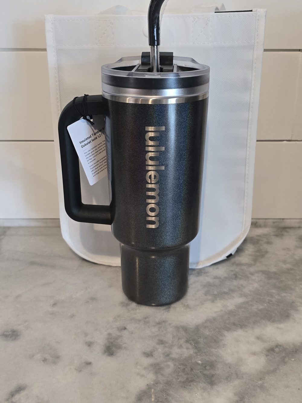 Lululemon Metallic Charcoal Travel Tumbler with Handle NEW